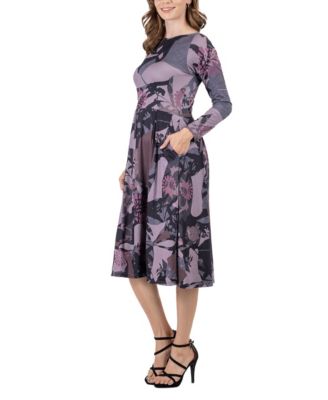 Women's Floral Long Sleeve Pleated Pocket Midi Dress