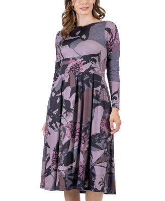 Women's Floral Long Sleeve Pleated Pocket Midi Dress