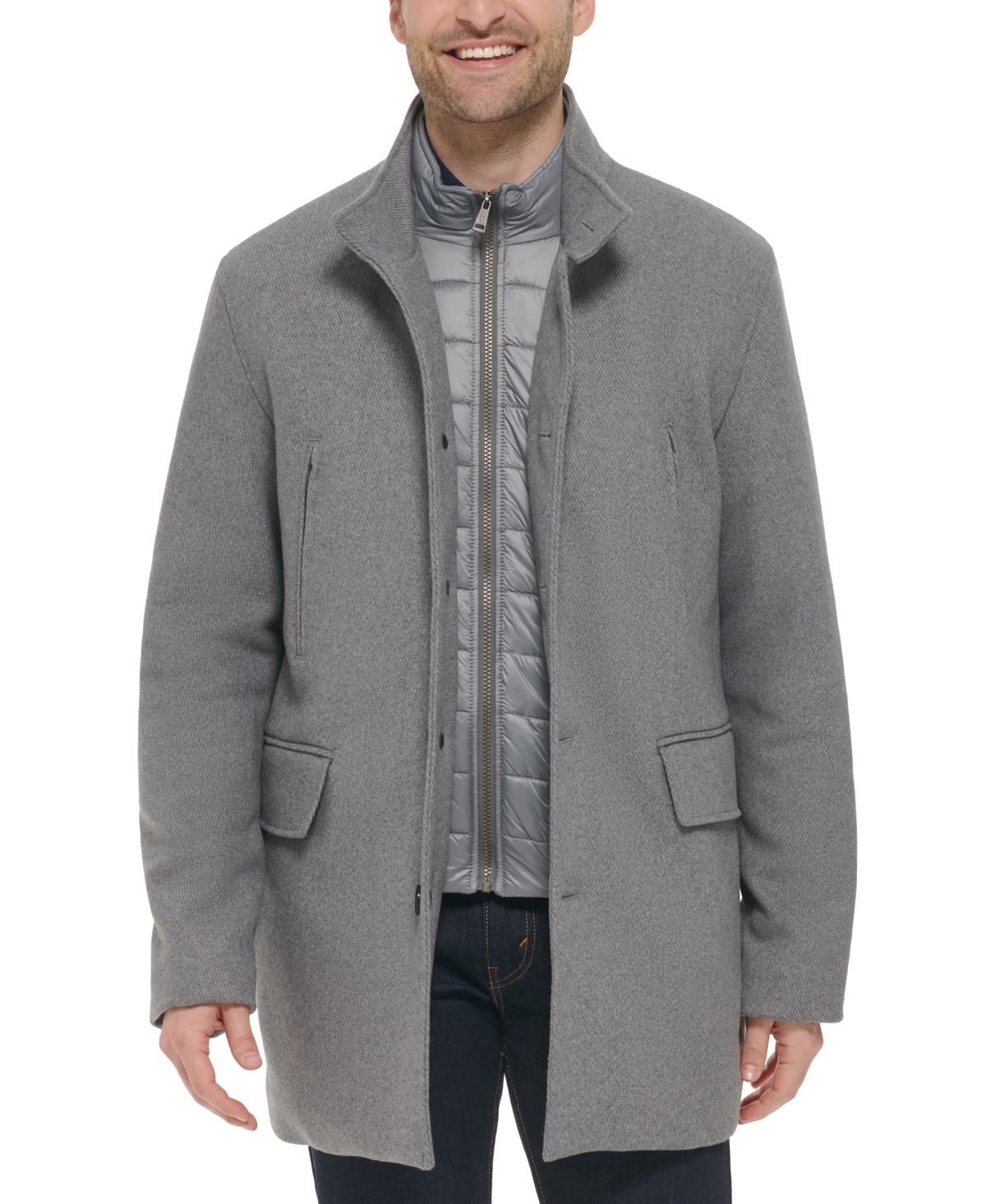 Cole Haan Men's Wool Twill Stand Collar Topper With Nylon Bib Coat In Light Grey
