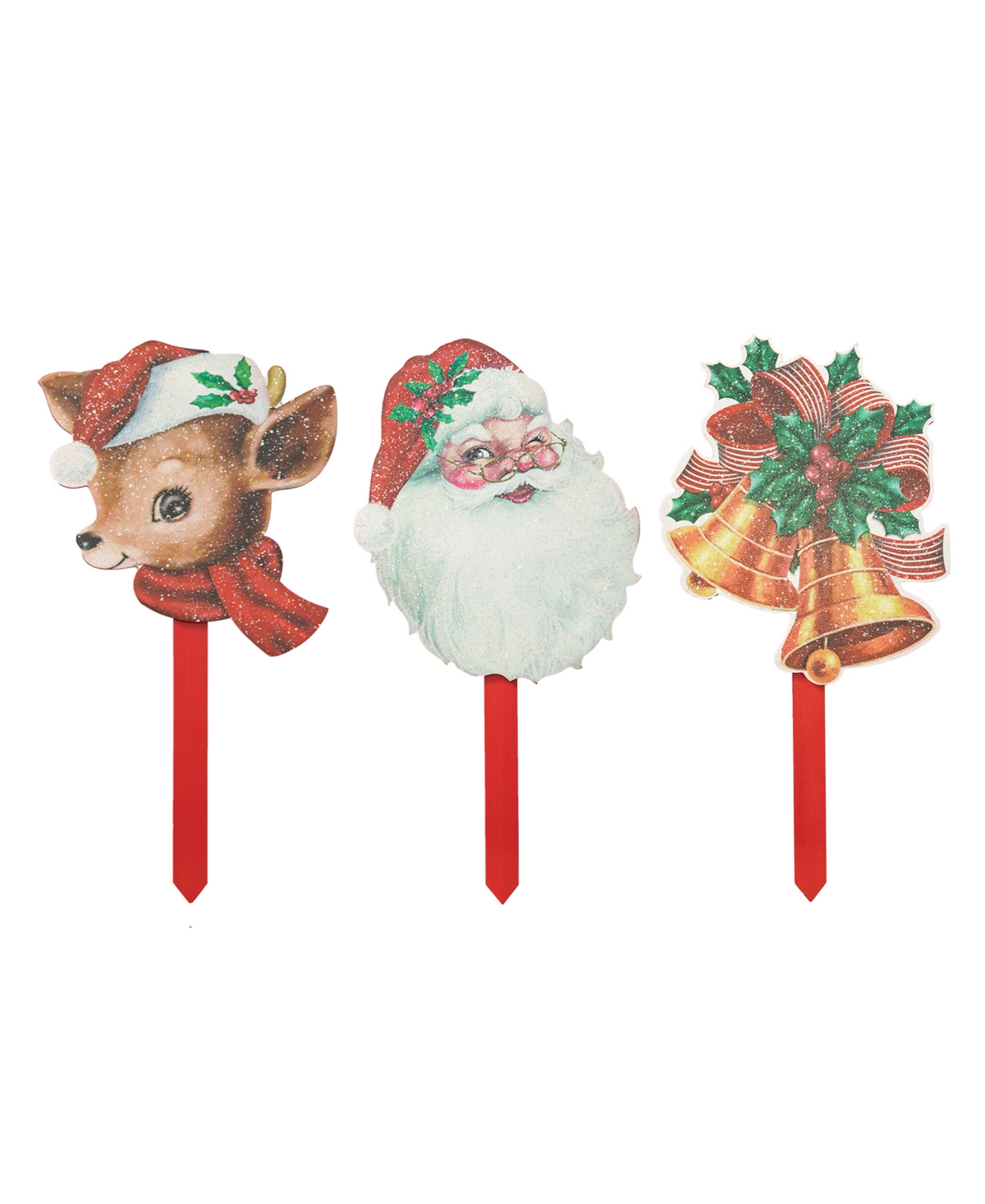 Glitzhome Wooden Glitter Santa, Bell And Reindeer Yard Stake, Set Of 3 In Multi