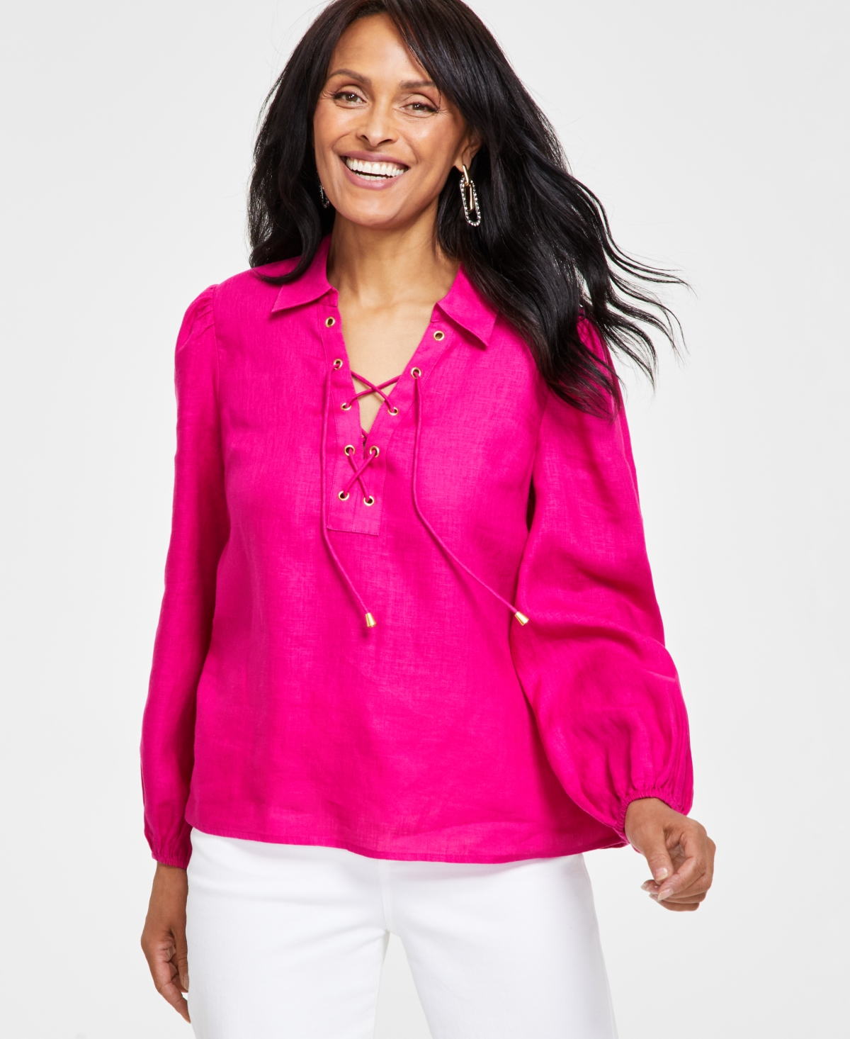 Inc International Concepts Women's Lace-up-neck Blouse, Created For Macy's In Pink Tutu