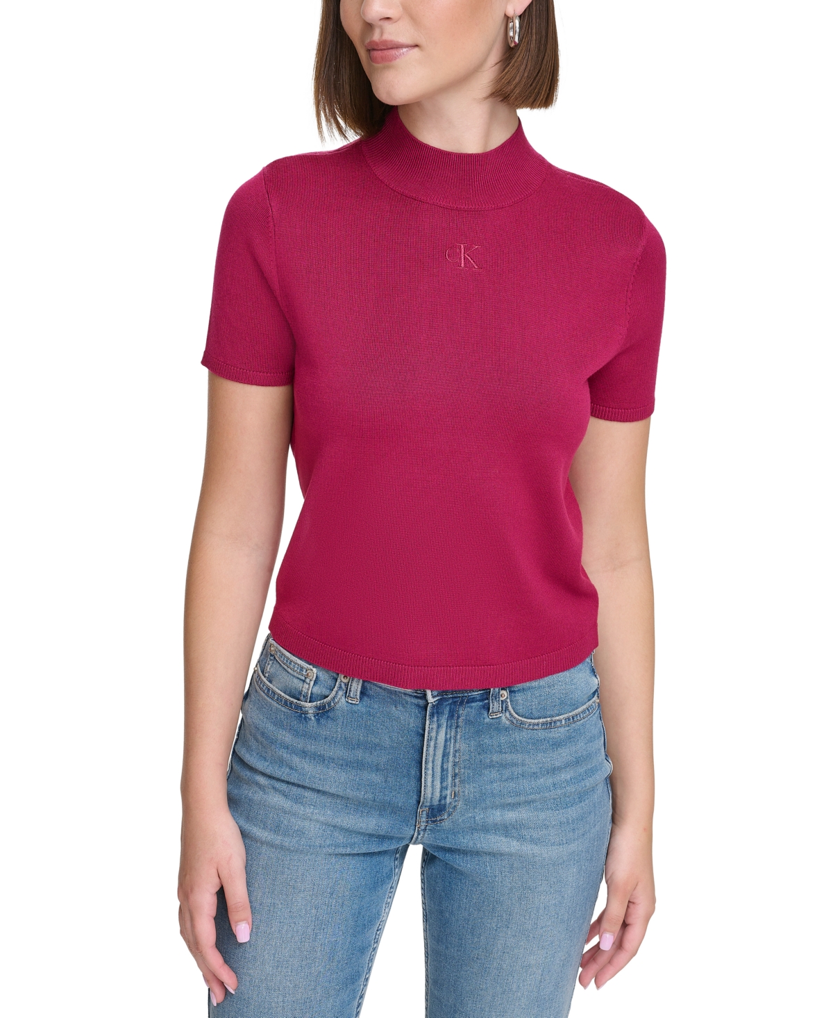 Calvin Klein Jeans Est.1978 Women's Monogram Logo Embroidery Cropped Short Sleeve Mock Neck Top In Chianti