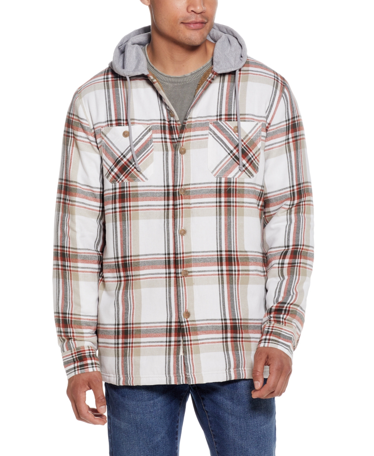 Weatherproof Vintage Men's Sherpa Lined Flannel Hooded Shirt Jacket In Marshmallow