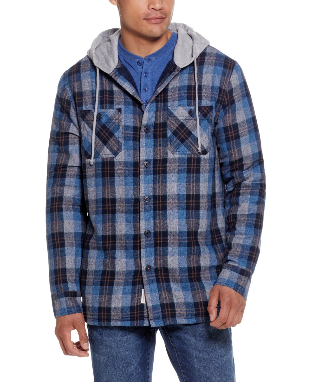 Weatherproof Vintage Men's Sherpa Lined Flannel Hooded Shirt Jacket In Blue