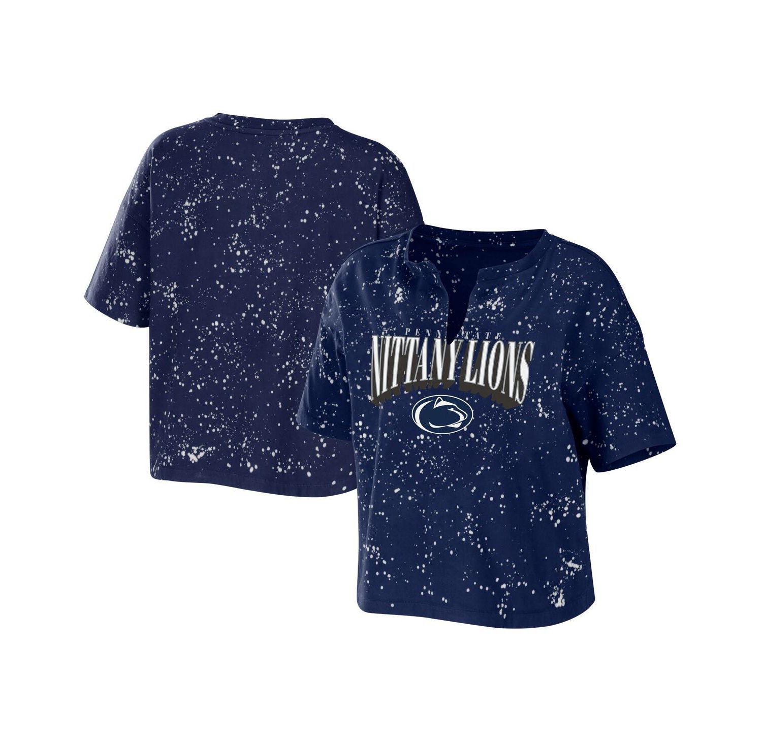 Women's Navy Penn State Nittany Lions Bleach Wash Splatter Cropped Notch Neck T-shirt