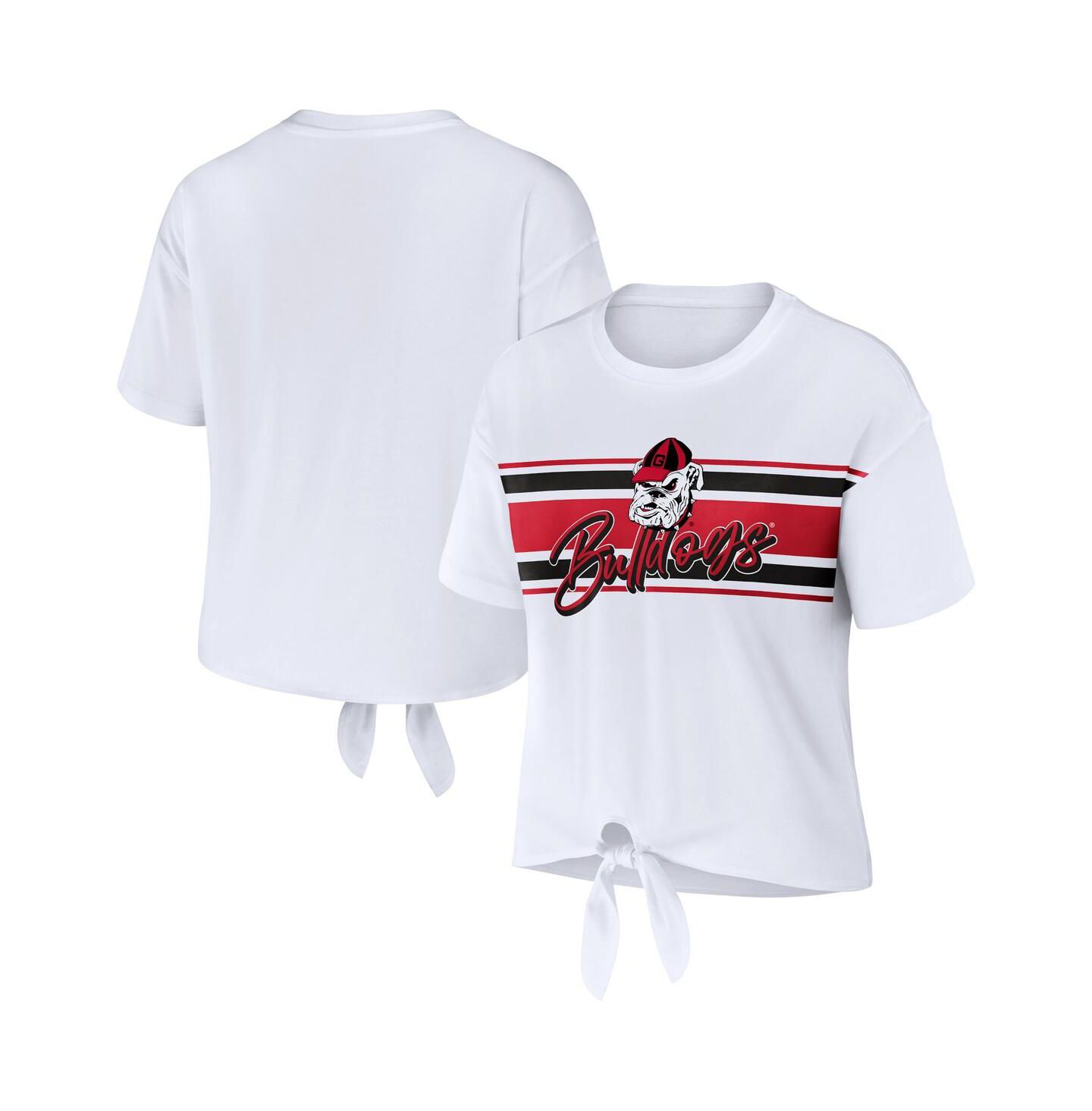 Женская футболка WEAR by Erin Andrews White Georgia Bulldogs Striped Front Knot Cropped — фото 4