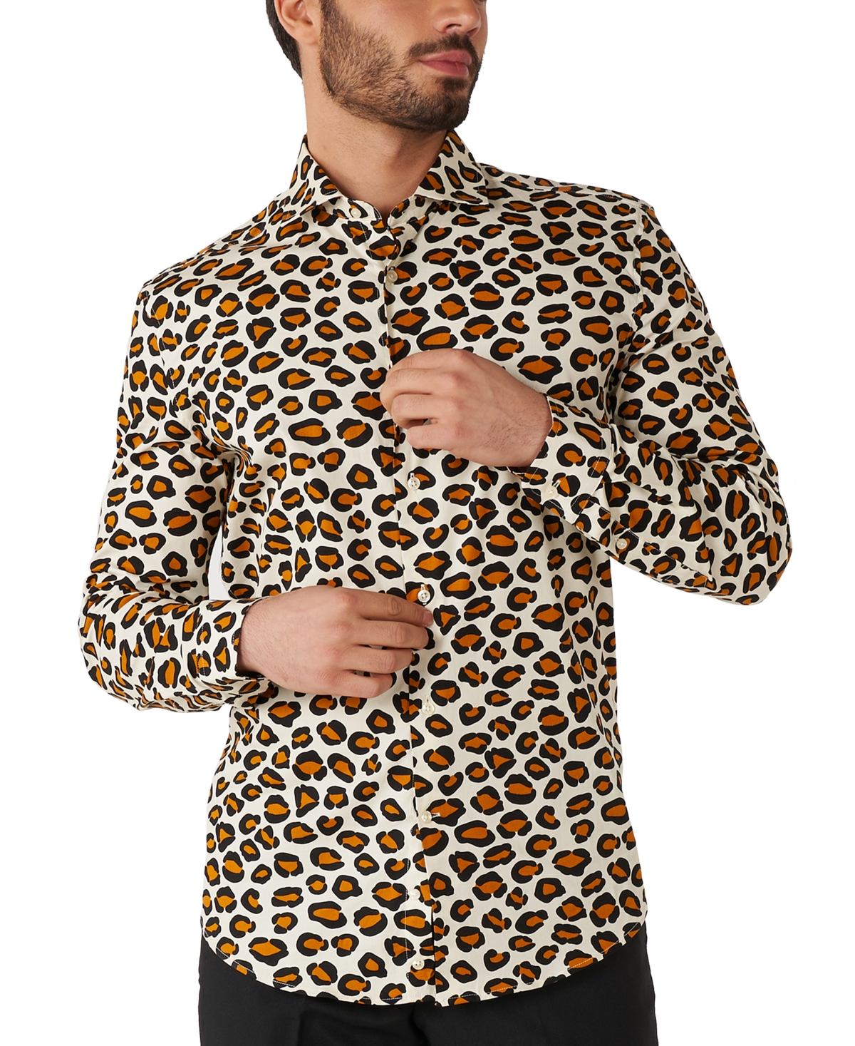 Men's Long-Sleeve Jaguar-Print Shirt - Beige