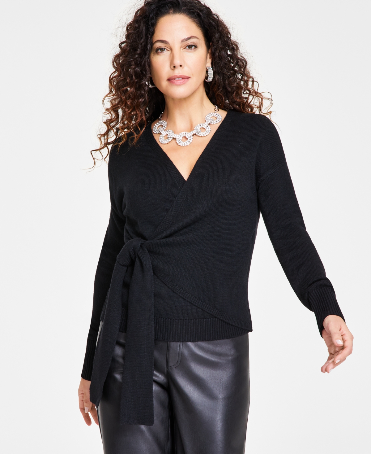 Inc International Concepts Women's Surplice Wrap Sweater, Created For Macy's In Deep Black