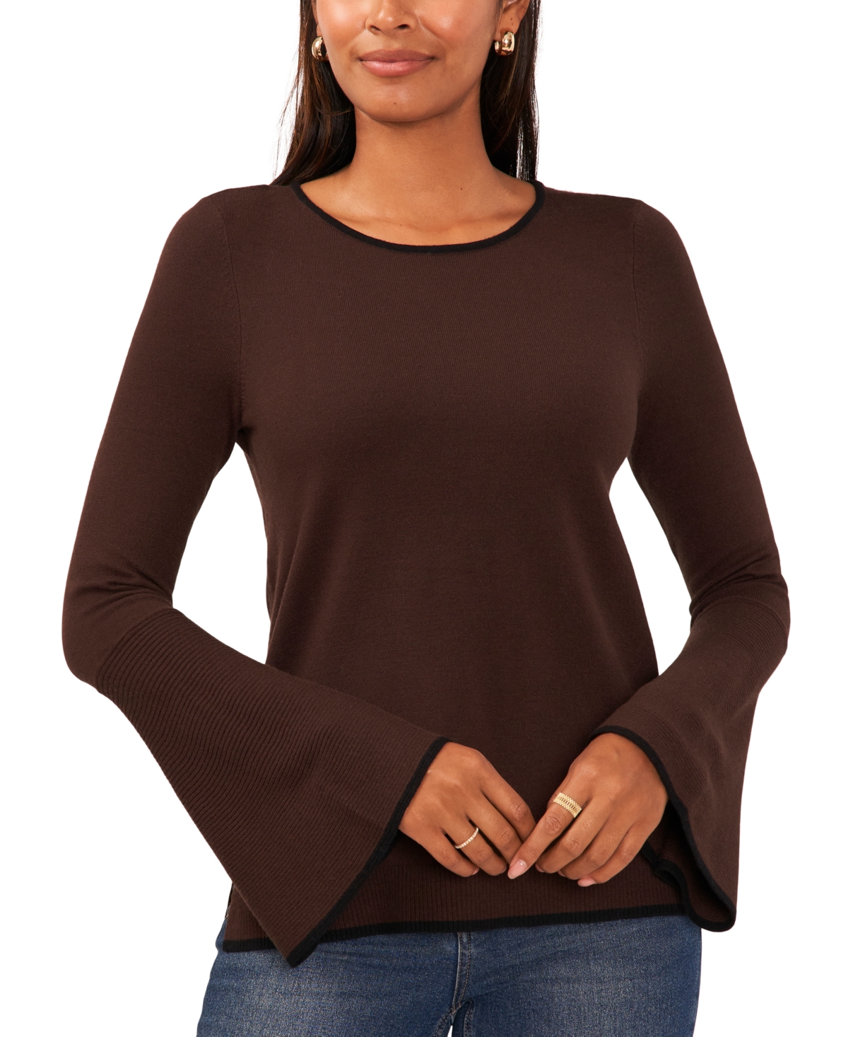 Women's Cozy Crewneck Bell Sleeve Sweater - Chocolate