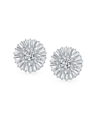 CZ Baguette Pave Round Cubic Zirconia Clip On Earrings Non Pierced Ears Brass