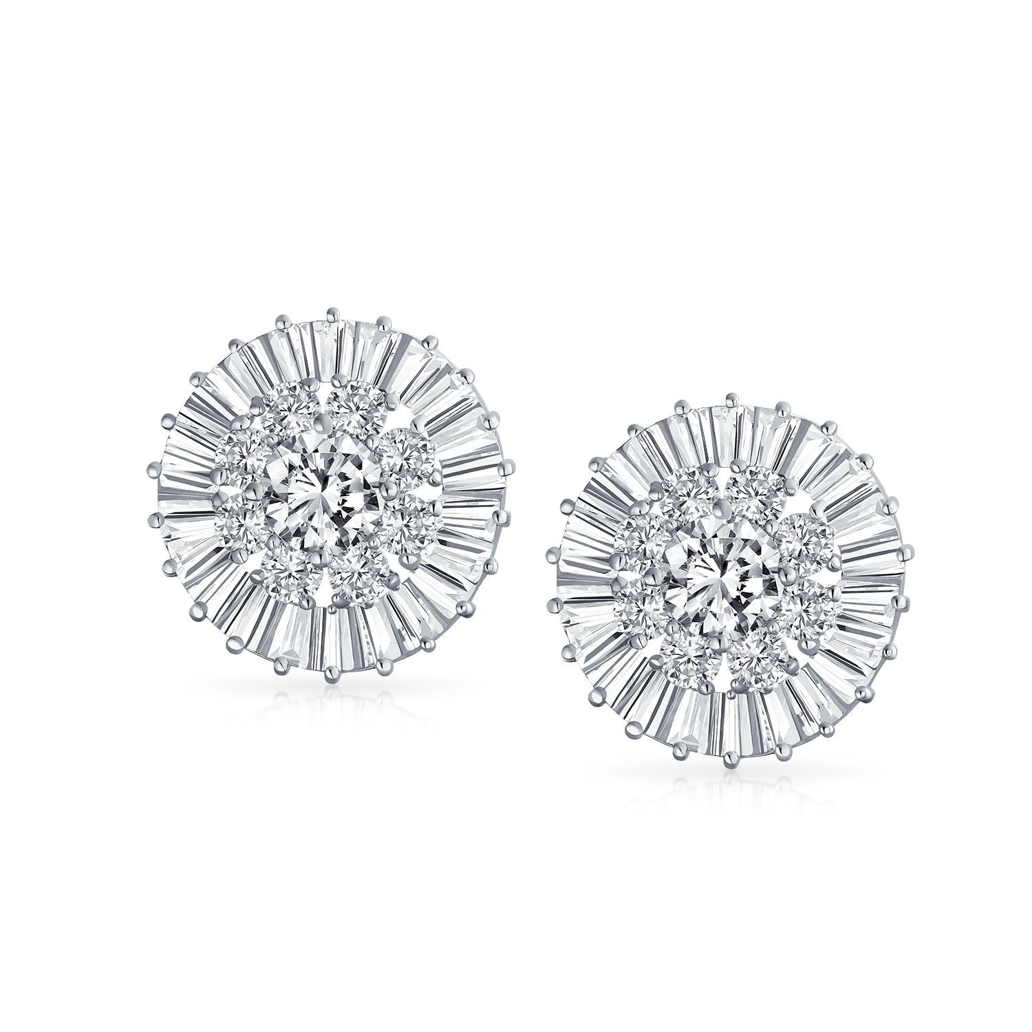 Fancy Cocktail Round CZ Baguette Clip On Earrings Non Pierced Silver Plated