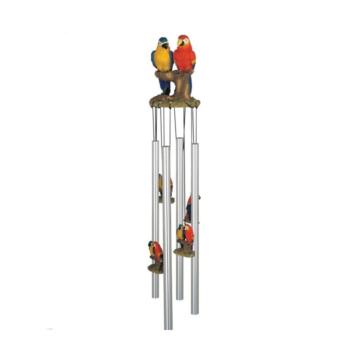 23" Long Blue and Red Parrots Round Top Wind Chime - Silver