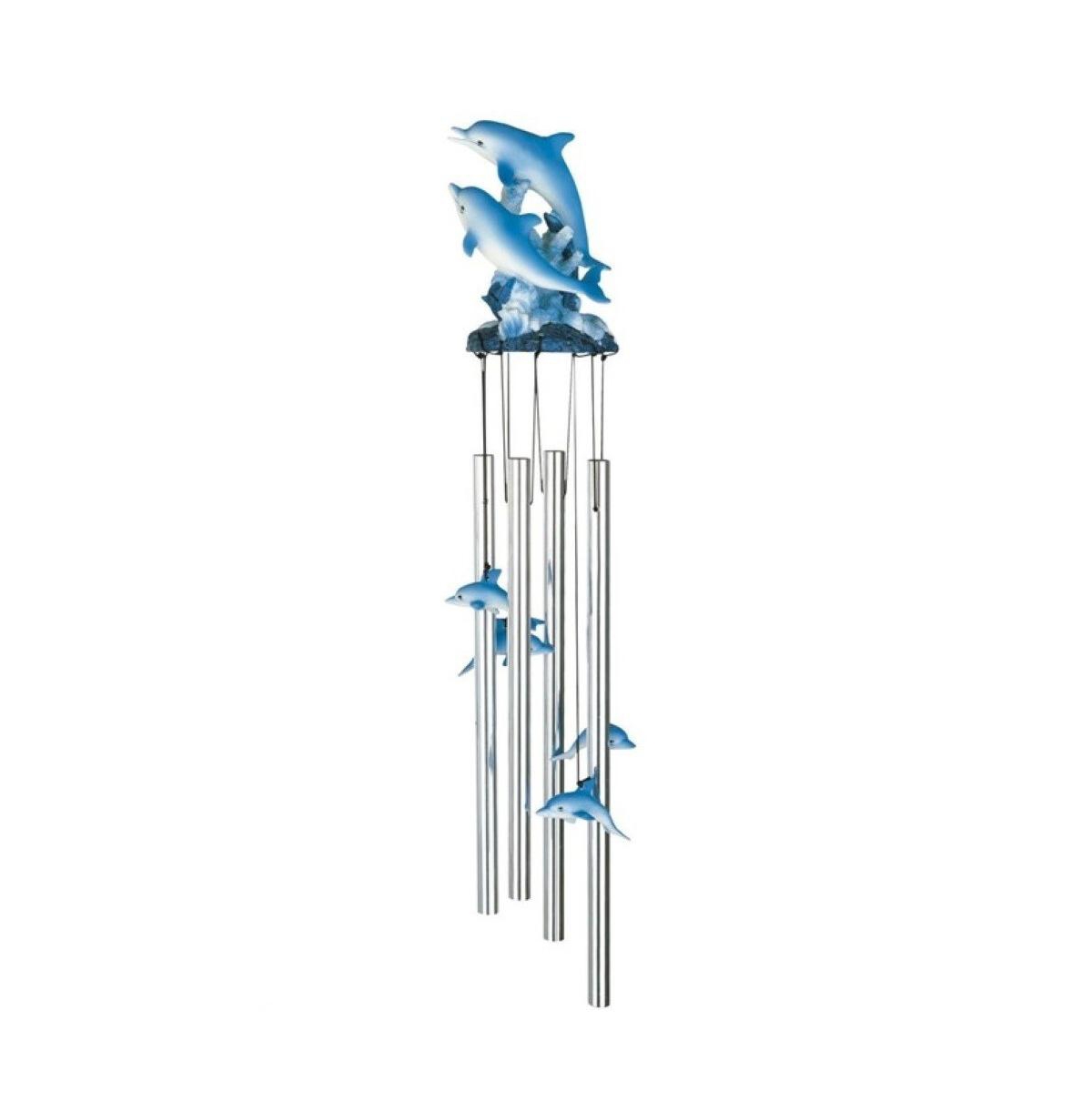 23" Long Dolphin Swimming on Wave Round Top Wind Chime Marine Life - Silver