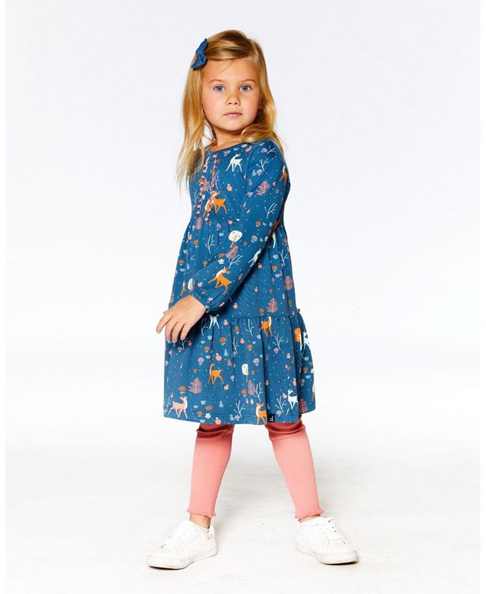 Deux par Deux Girl Brushed Jersey Long Sleeve Dress Teal Blue Fawns And ...