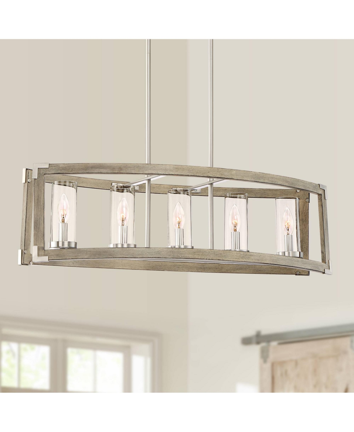 Possini Euro Design Kerr Wood Brushed Nickel Island Pendant Chandelier Wide Modern Clear Glass Shade 5-Light Fixture for Dining Room Living Hou