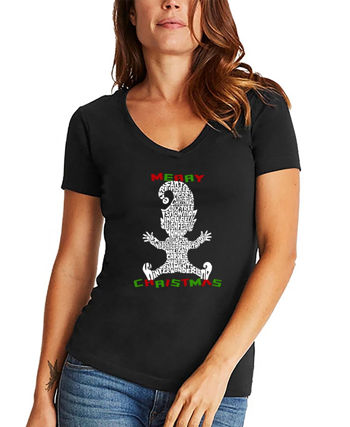 La Pop Art Women's Christmas Elf Hat Word Art V-neck T-shirt In Black