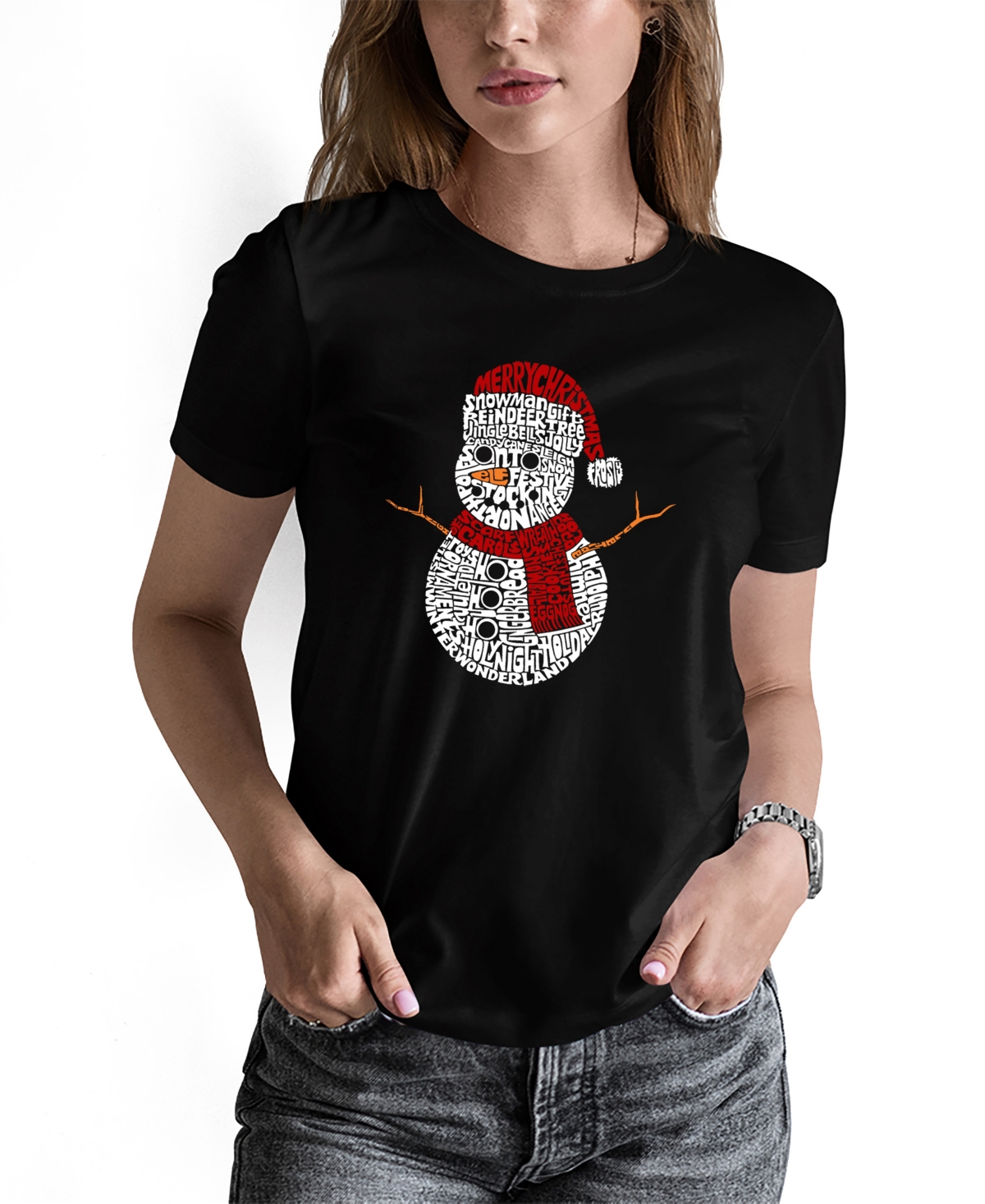 La Pop Art Women's Christmas Snowman Word Art Short Sleeve T-shirt In Black