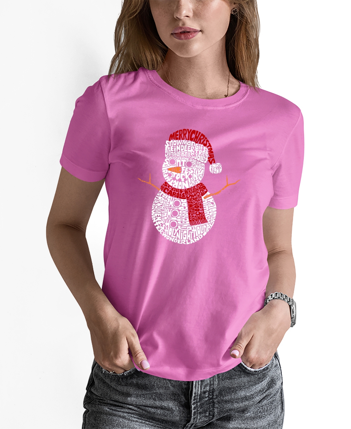 La Pop Art Women's Christmas Snowman Word Art Short Sleeve T-shirt In Pink