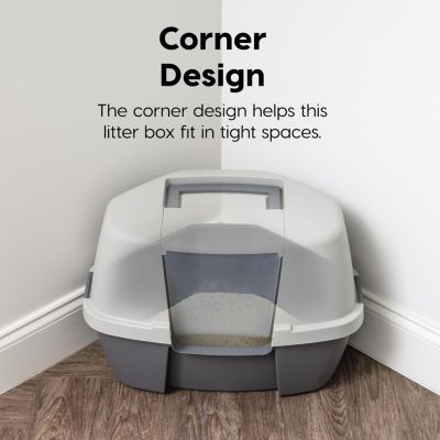 Large Hooded Corner Cat Litter Box with Scoop, Gray