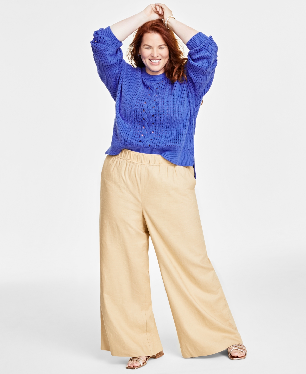 On 34th Plus Size Crewneck Spring Cotton-blend Cable-knit Sweater, Created For Macy's In Cobalt Glaze