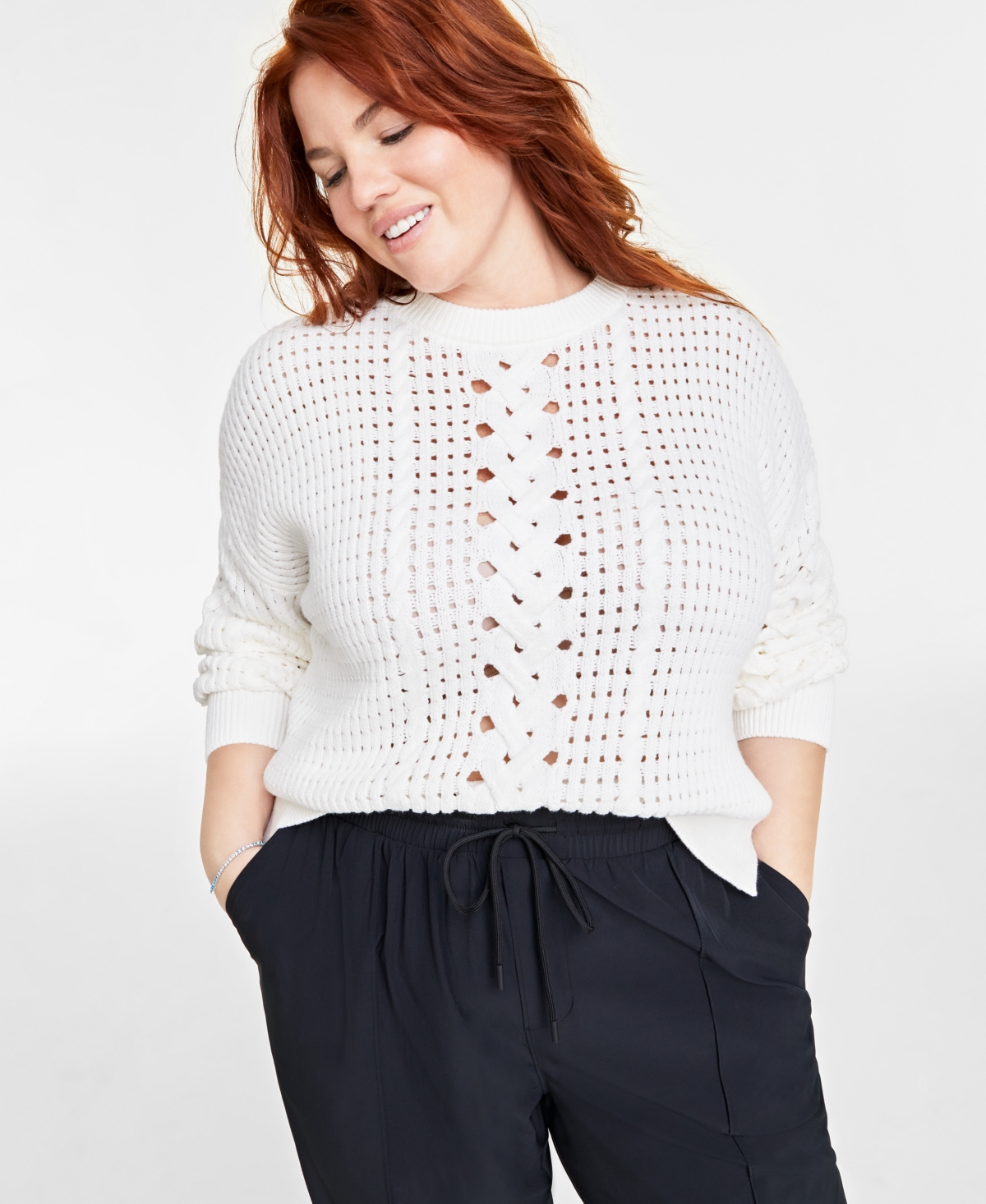 On 34th Plus Size Crewneck Spring Cotton-blend Cable-knit Sweater, Created For Macy's In Washed White