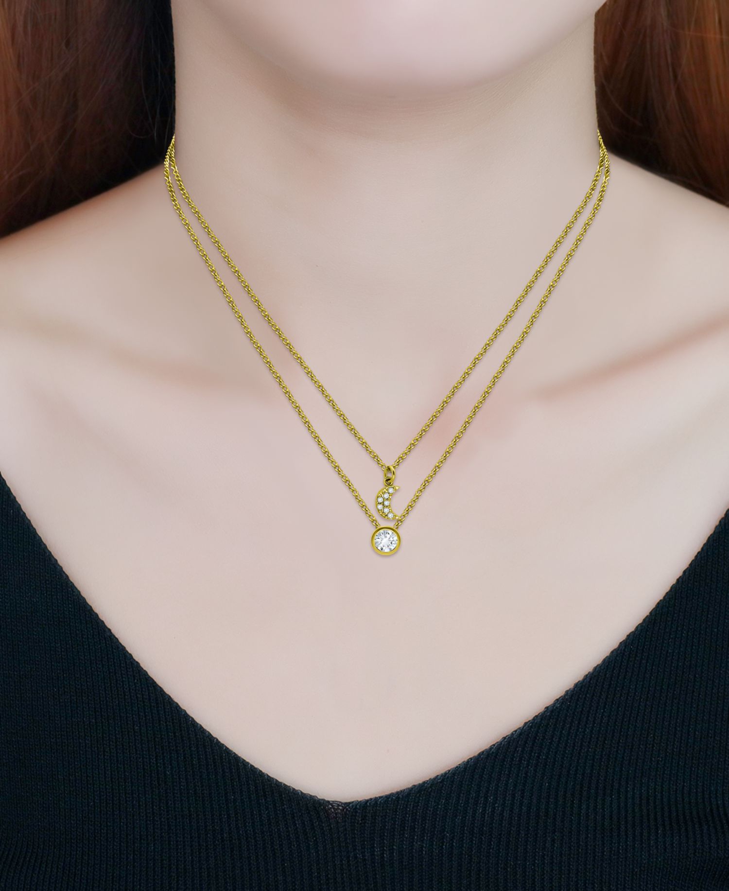 2-Pc. Set Cubic Zirconia Pav&eacute; Moon & Solitaire Pendant Necklaces