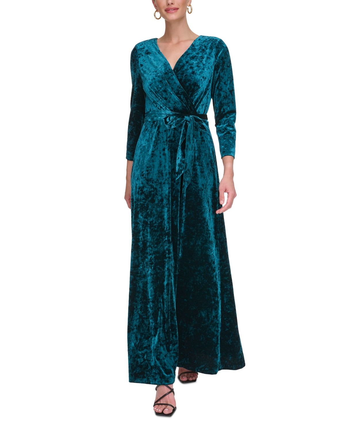 Dkny Women's Crushed-velvet Belted Faux-wrap Gown In Forest Green