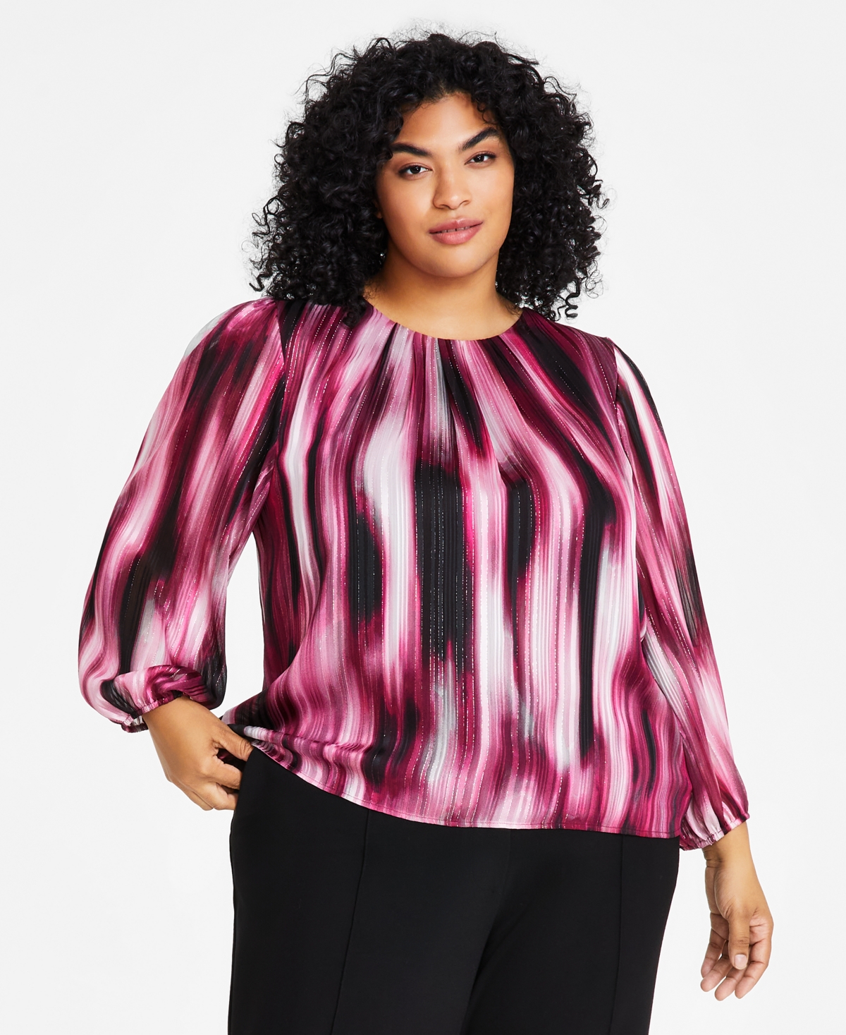 Calvin Klein Plus Size Printed Round Neck Long Sleeve Top High Rise Faux Leather Waist Pants In Port Combo