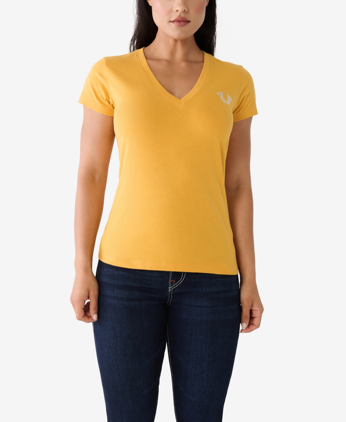 True Religion Women's Short Sleeve Crystal Stamp V-neck T-shirt In Mineral Yellow