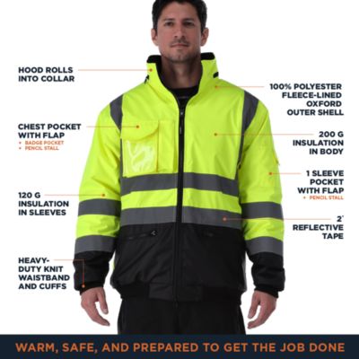 Big & Tall HiVis Waterproof Bomber Jacket - Extreme Cold Protection, High-Visibility, Fleece-Lined, Rollout Hood