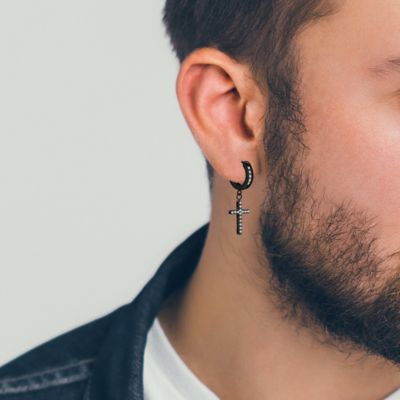 Stainless Steel Cross CZ Charm Huggie Hoop Earrings