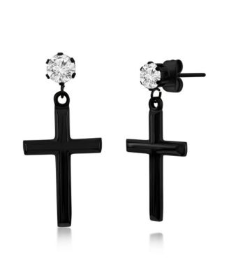 Stainless Steel Polished Cross & CZ Earrings
