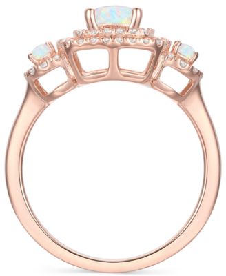 Lab-Grown Emerald (7/8 ct. t.w.) & Lab-Grown White Sapphire (1/3 ct. t.w.) Double Halo Three Stone Ring (Also in Additional Gemstones)