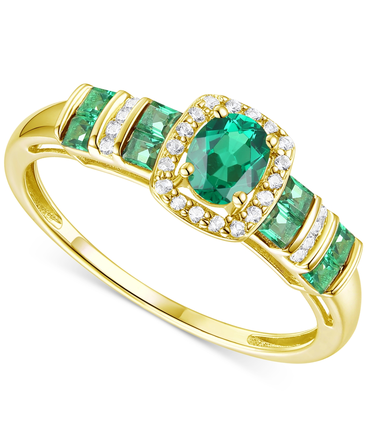 Macy's Lab-grown Emerald (1/2 Ct. T.w.) & Lab-grown White Sapphire (1/10 Ct. T.w.) Halo Ring In 14k Gold-pl