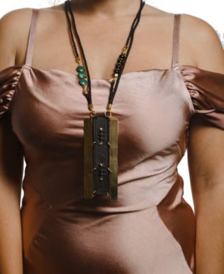 18k Gold-Plated Mixed Gemstone & Faux Leather Statement Pendant Necklace, 42" + 10" extender