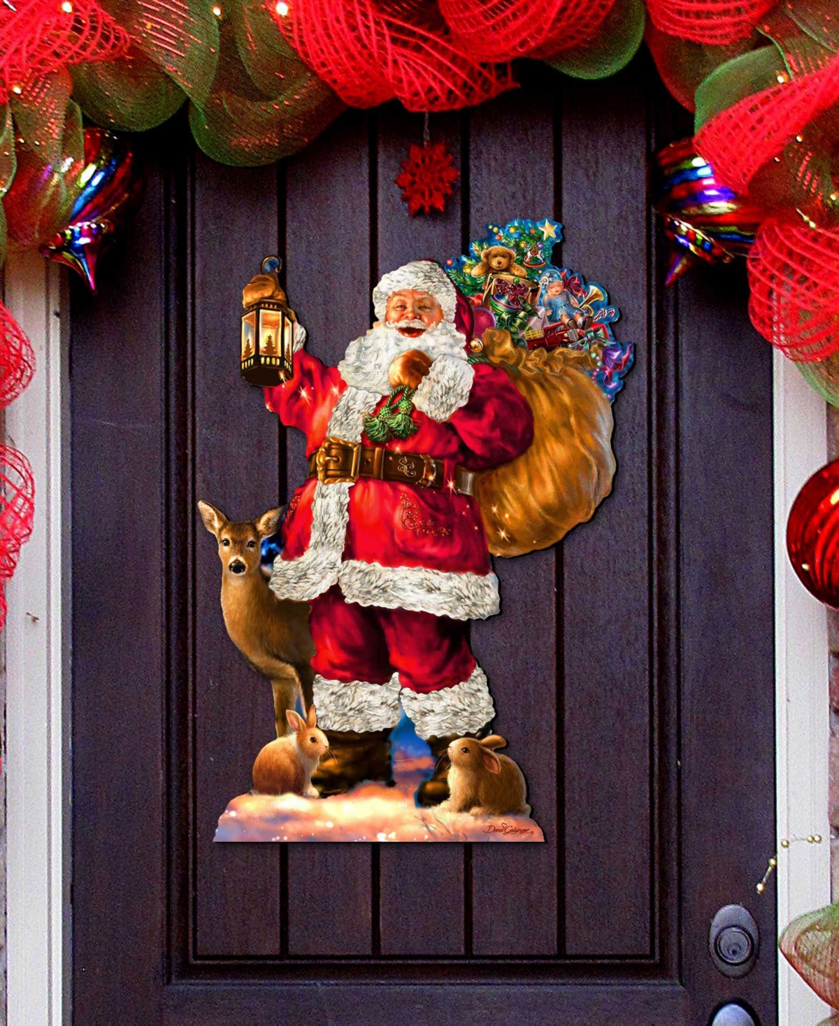 Designocracy Woodland Santa Christmas Wooden Door Hanger Door Decor G. Debrekht In Multi Color