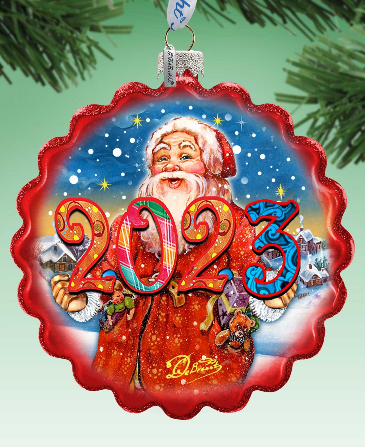 Designocracy 2023 Dated Celebration Santa Wreath Christmas Glass Ornaments G. Debrekht In Multi Color