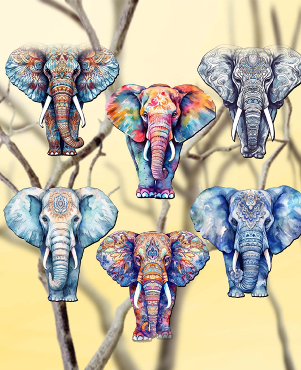 Designocracy Holiday Wooden Clip-on Ornaments Elephants Set Of 6 G. Debrekht In Multi Color