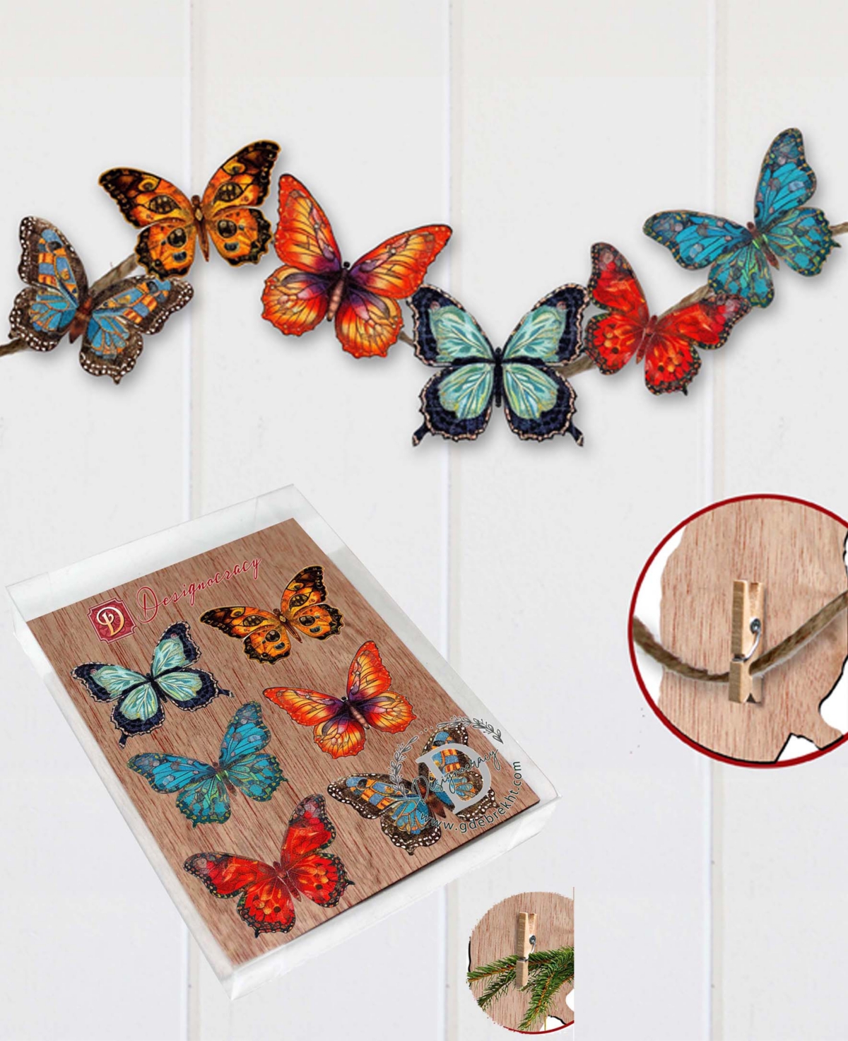 Designocracy Holiday Wooden Clip-on Ornaments Butterfly Set Of 6 G. Debrekht In Multi Color