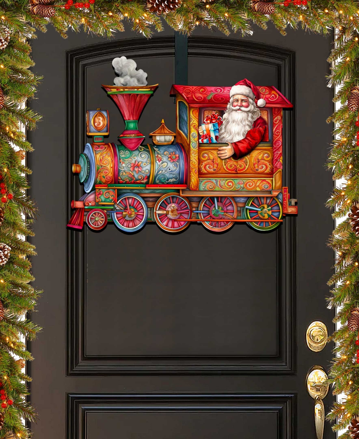 Designocracy Santa's Train Holiday Christmas Wooden Door Hanger Door Decor G. Debrekht In Multi Color
