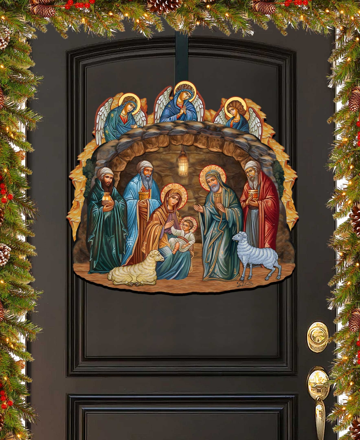 Designocracy Orthodox Nativity Scene Christmas Wooden Door Hanger Door Decor G. Debrekht In Multi Color