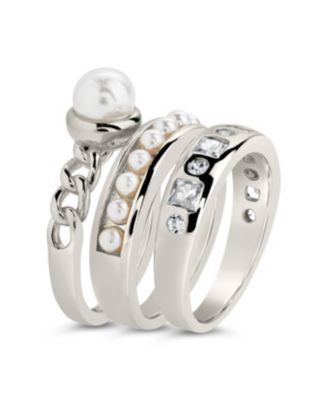 Cubic Zirconia Genuine Shell Pearl Kimber Stacking 3 Piece Ring Set