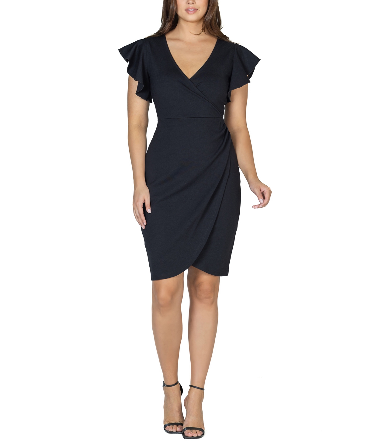 Women's V-neck Ruffle Sleeve Knee Length Dress - Black