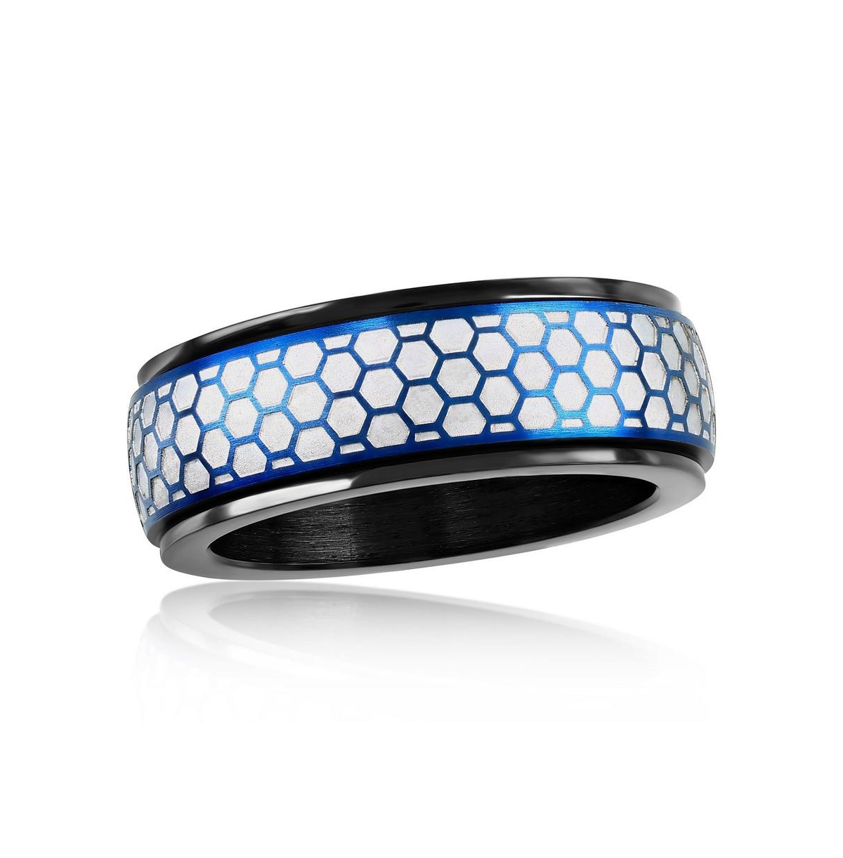 Stainless Steel Honey Comb Design Spinner Ring - Blue & Silver - Blue  silver