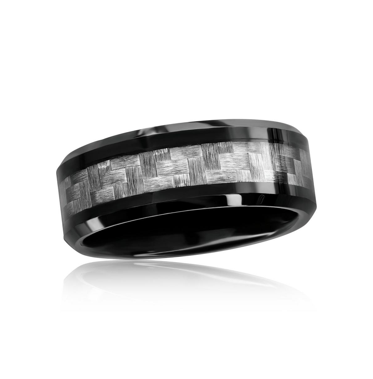 Black Plated Tungsten Ring - Silver Carbon Fiber - Black