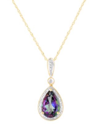 Macy's - Mystic Topaz (3 ct. tw.) & Diamond (1/20 ct. tw.) Pear Halo Pendant Necklace in 14k Gold, 16"+ 2" extender