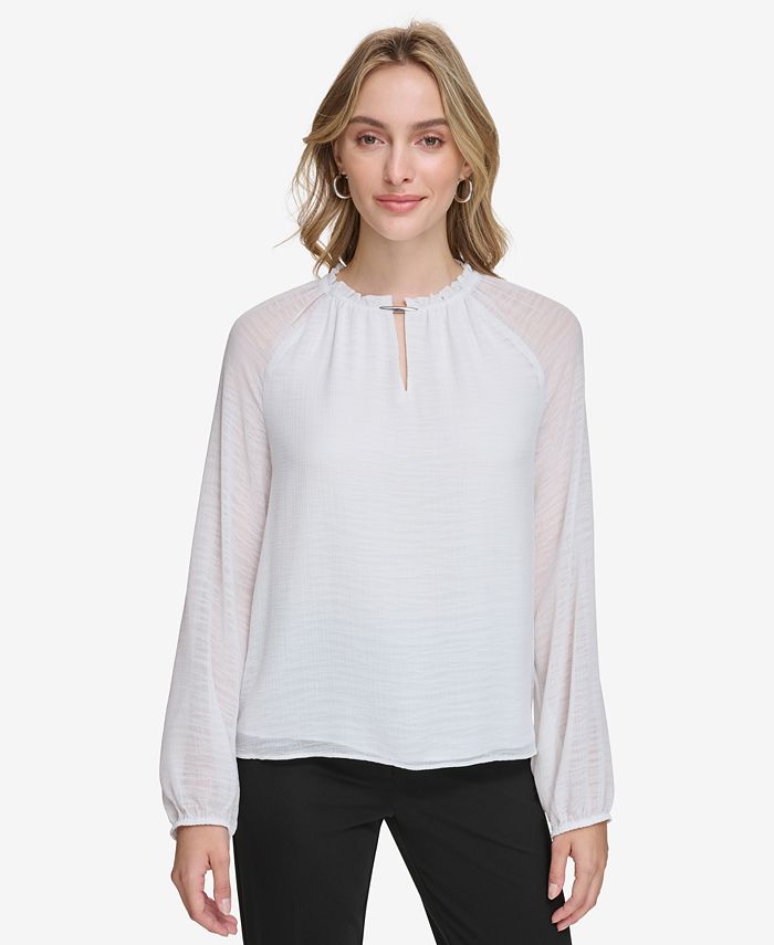 White keyhole blouse long sales sleeve