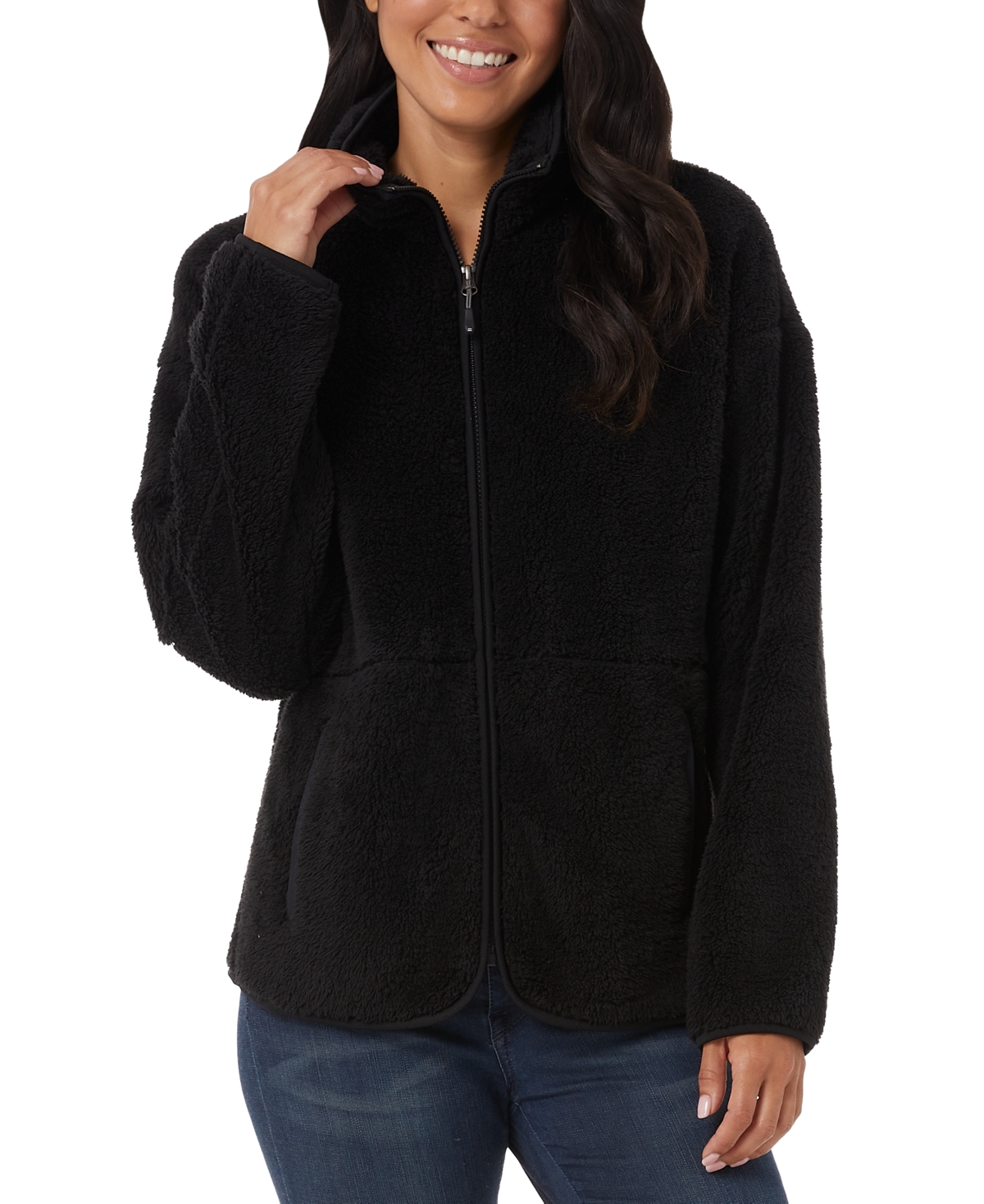 32 Degrees Women's Fleece Front-zipper Drop-shoulder Sweatshirt In Black