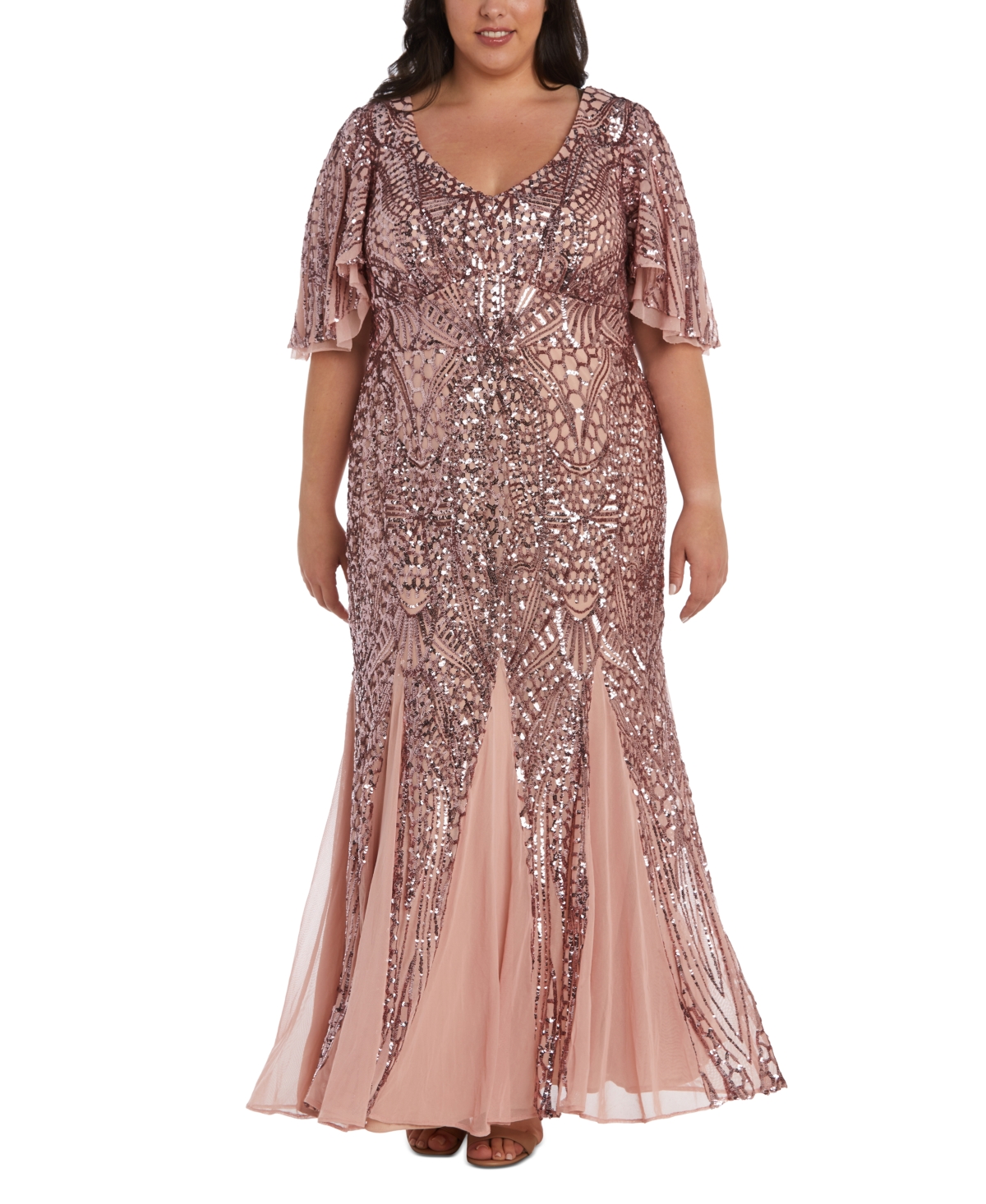 1920s Style Dresses, 1920s Dress Fashions You Will Love Nightway Plus Size Sequin Flutter-Sleeve Godet Gown - Mauve $209.00 AT vintagedancer.com