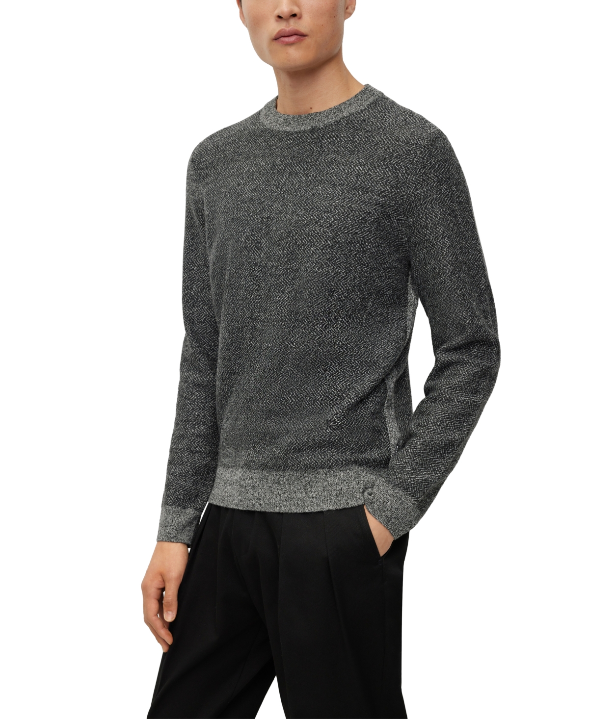 Hugo Boss Regular-fit Sweater With Herringbone Structure And Ribbed Cuffs In Black
